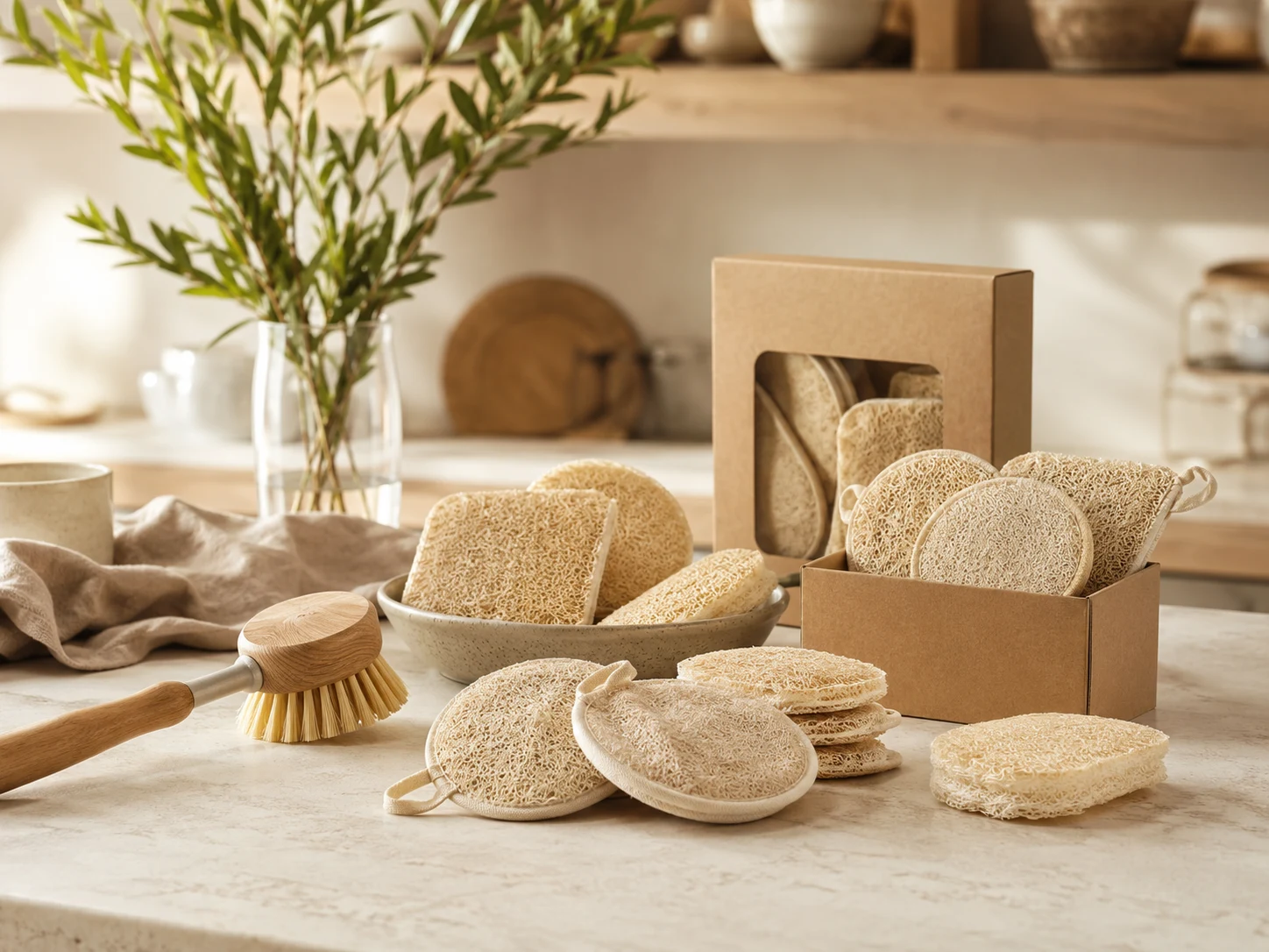 Natural loofah cleaning products in a premium kitchen lifestyle setting