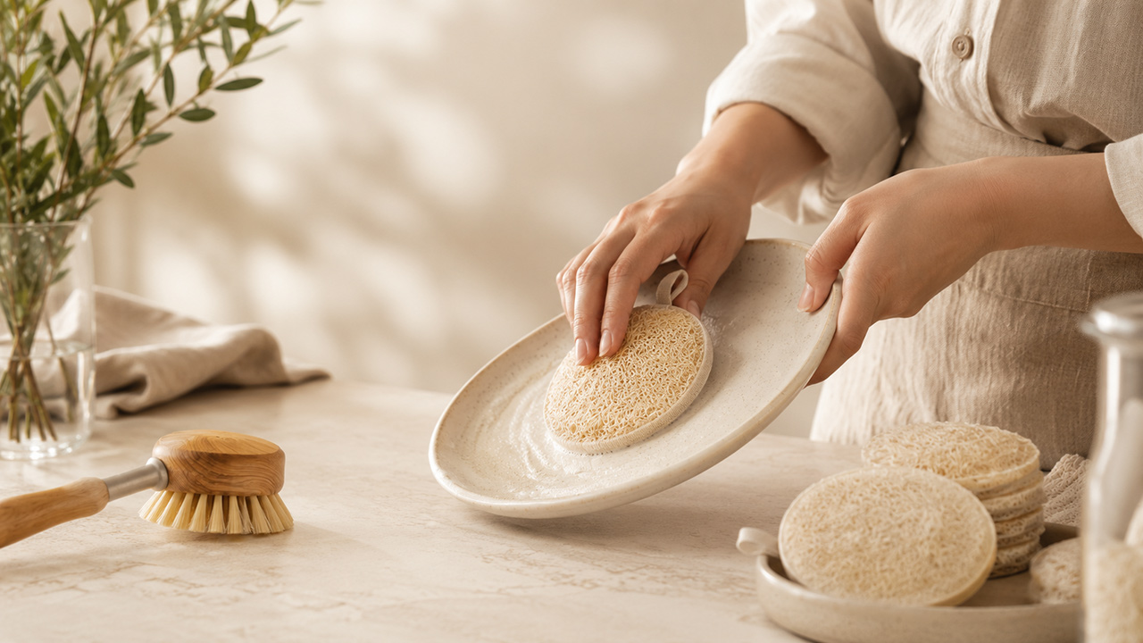 Video thumbnail showing loofah dish scrubber in use